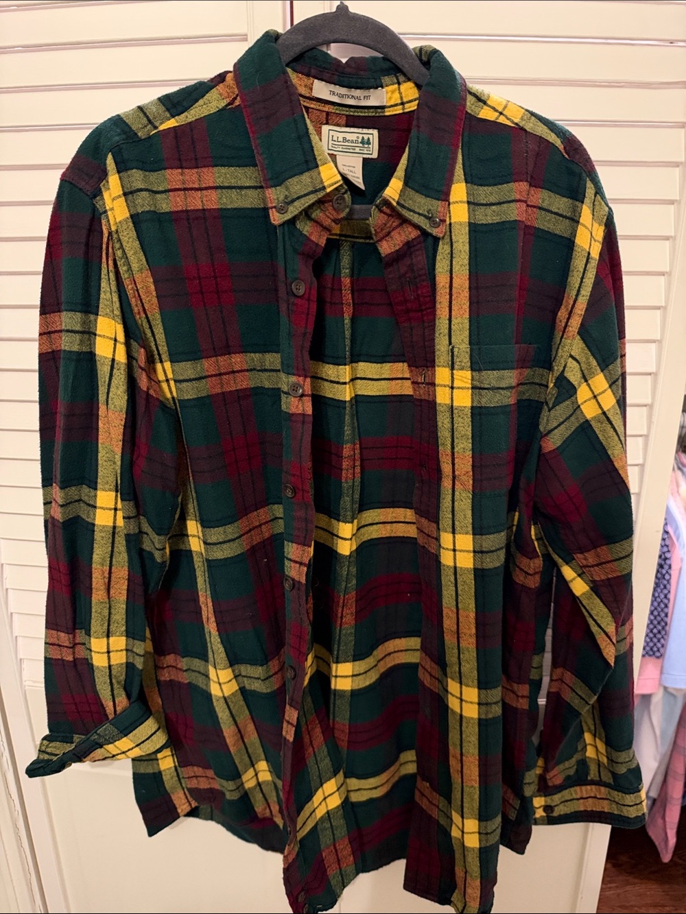 L.L. Bean Men’s Green Yellow Burgundy Plaid Button-Down Shirt